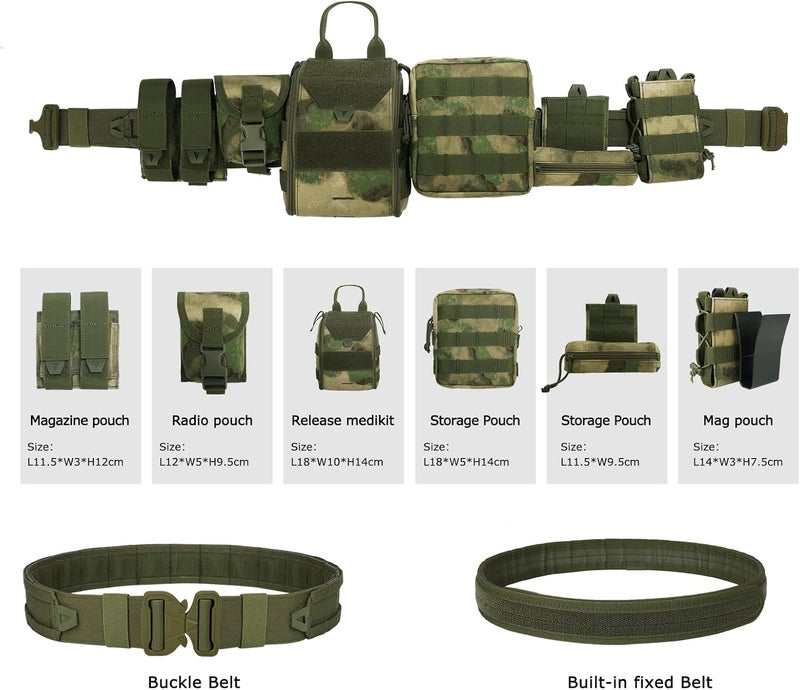 PIKEON Tactical Belt Battle Law Enforcement Molle Airsoft Duty Belt Quick-Release with Pouches 8 in 1 (Green) - Image 2